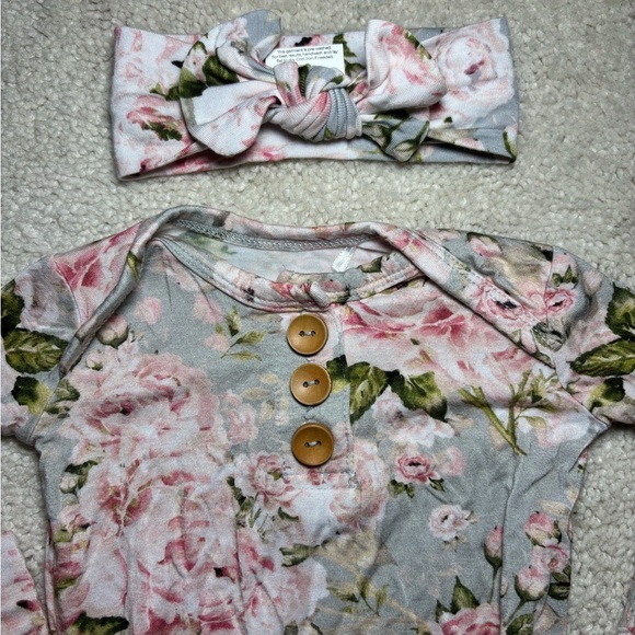 Posh Peanut Pink and Gray Floral knotted Gown with Headband Bow - Picture 2 of 13